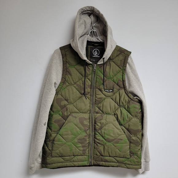 Volcom Mens Small September Puff Body Hooded Jacket Camo Puffer Vest Coat - Picture 1 of 7